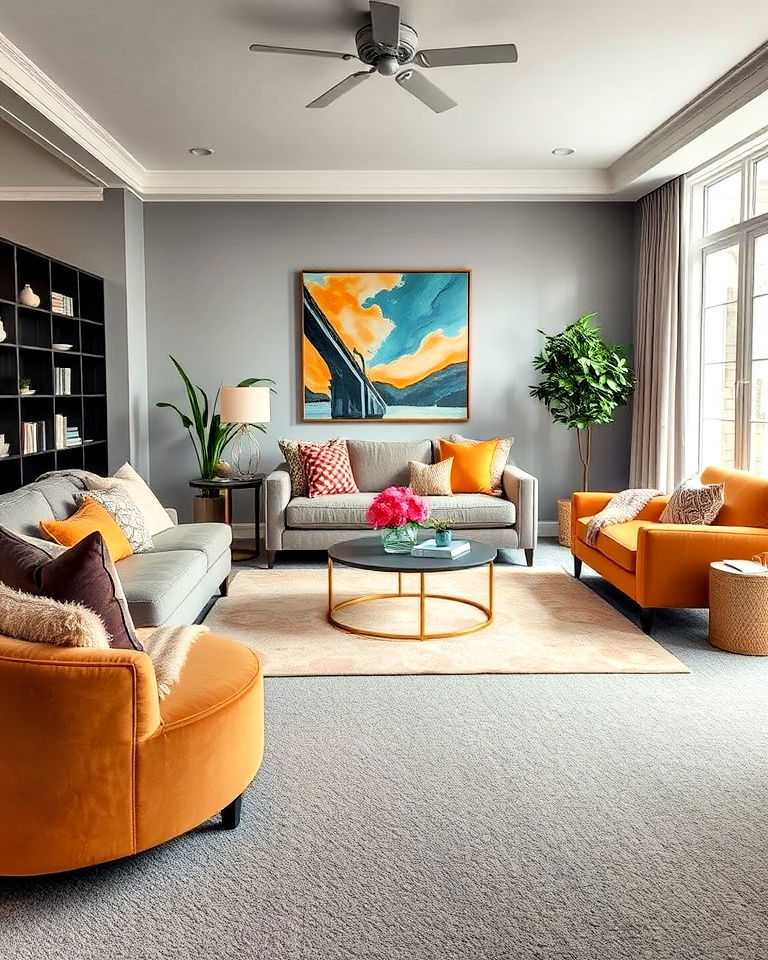 pair grey carpet with bold accents