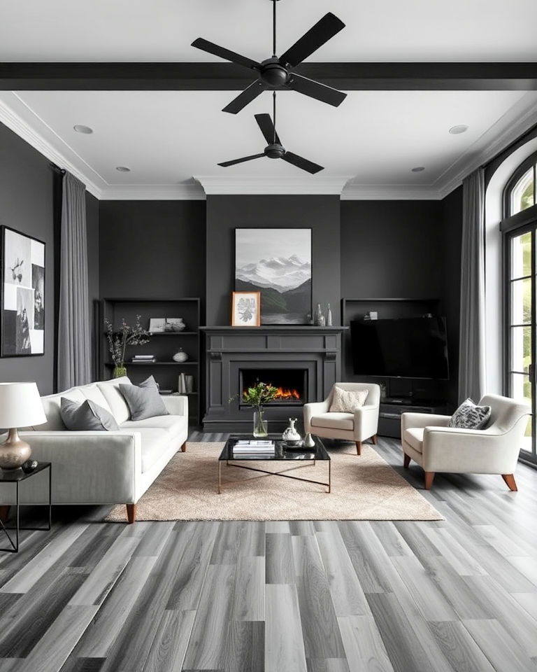 pair grey flooring with dark grey living room walls