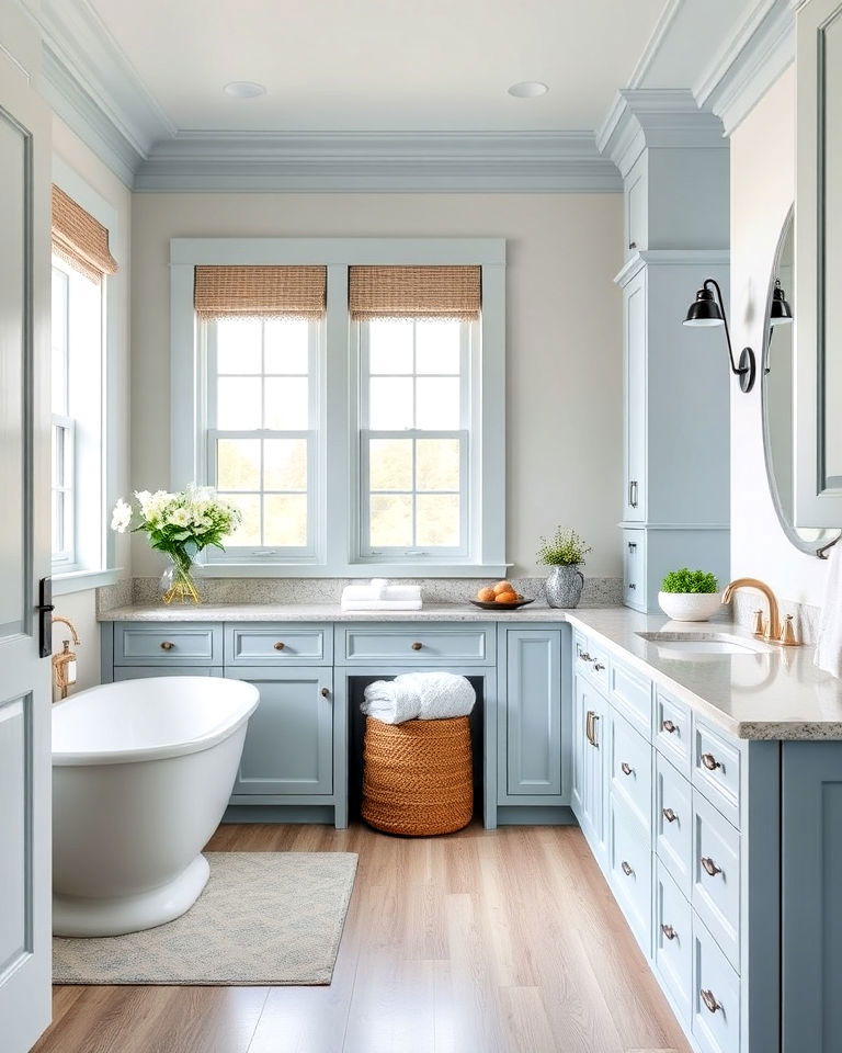 pale blue cabinets for a calming bathroom space