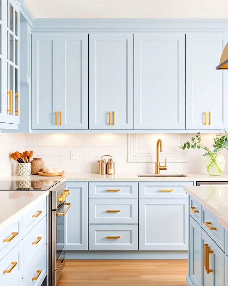 pale blue cabinets with gold finger pulls