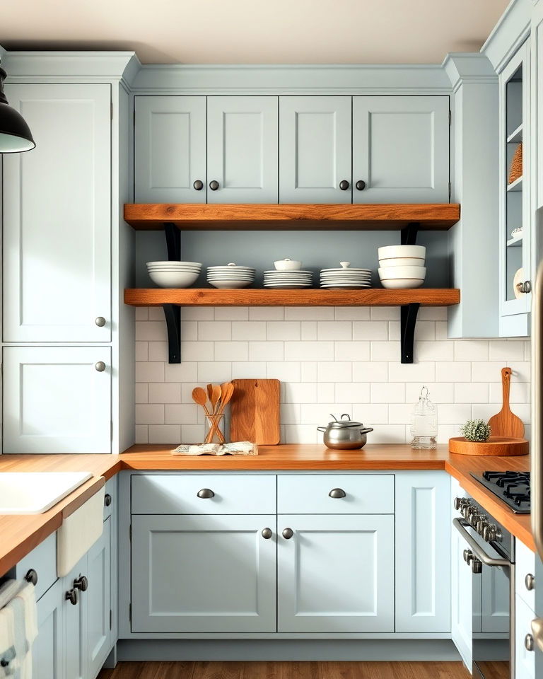 pale blue cabinets with rustic wooden shelves