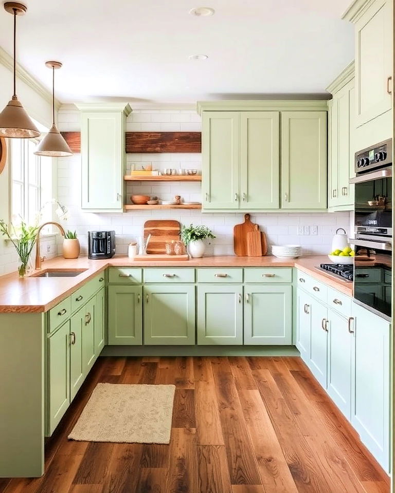 pale green kitchen cabinets with reclaimed wood details