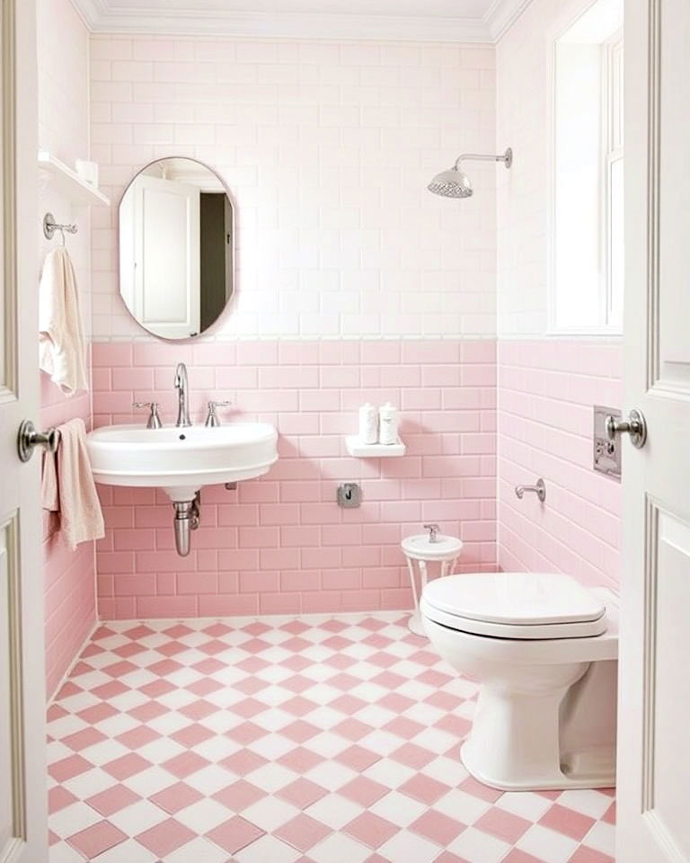 pale pink and white checkerboard floor