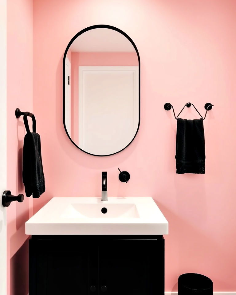 pale pink bathroom walls with black fixtures