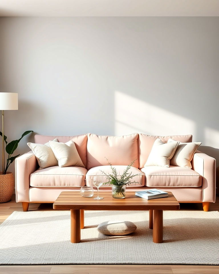 pale pink couch with neutral tones living room
