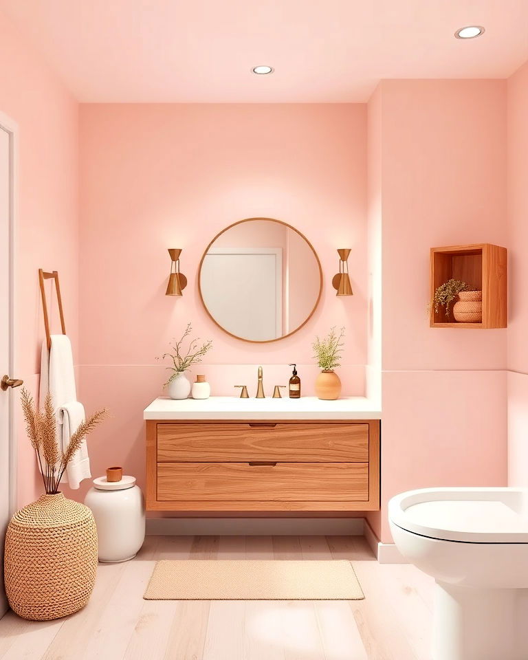 pale pink walls with wood accents for warmth