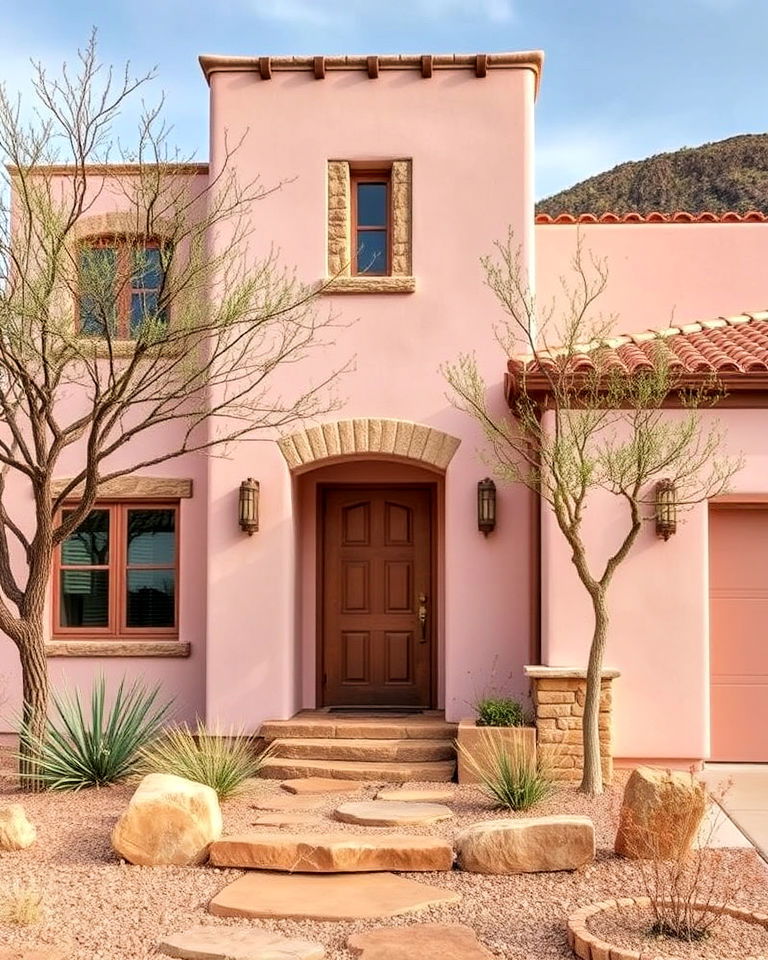 pale pink with stone accents house exterior