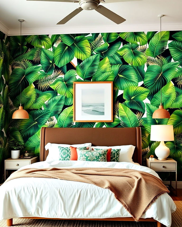 palm leaf wallpaper tropical bedroom
