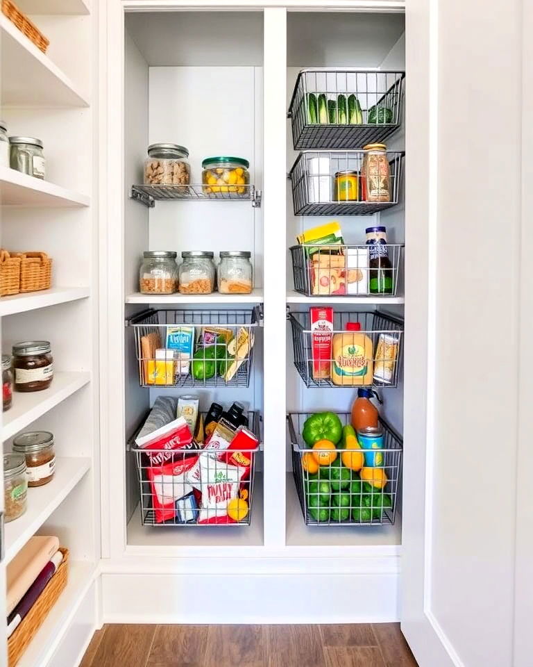 pantry with sliding metal baskets