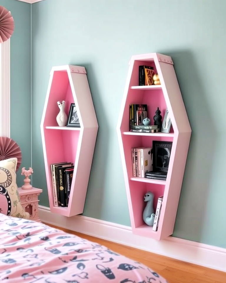 pastel coffin shaped shelves
