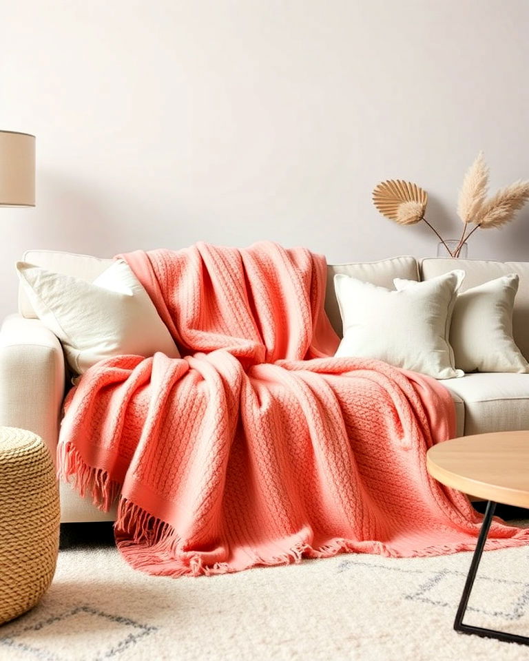 pastel throws and blankets draped over sofas