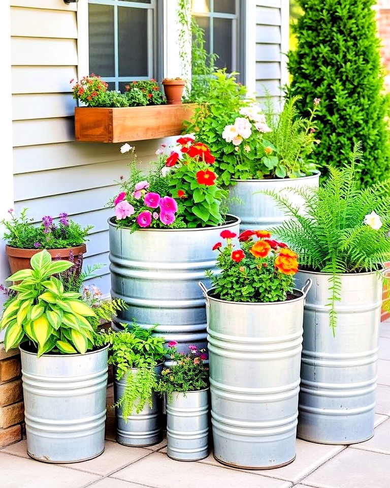 patio with galvanized metal planters for a rustic feel