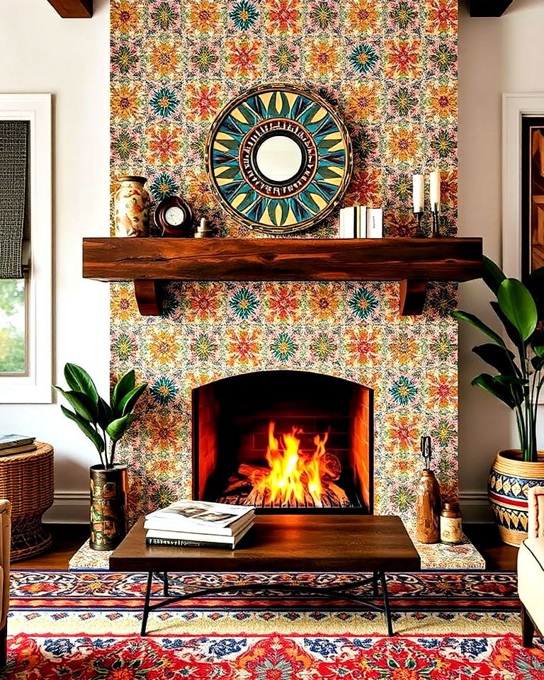 patterned ceramic tile fireplace