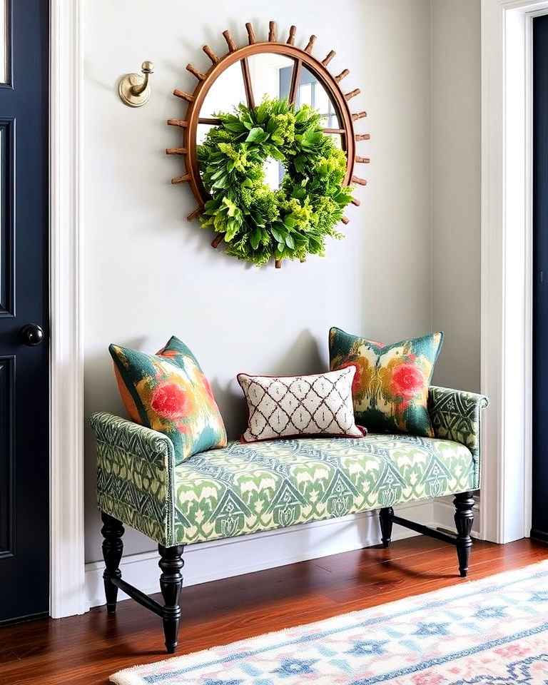 patterned fabric bench for visual interest