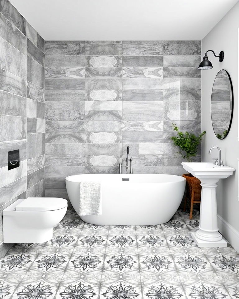 patterned grey tiles bathroom