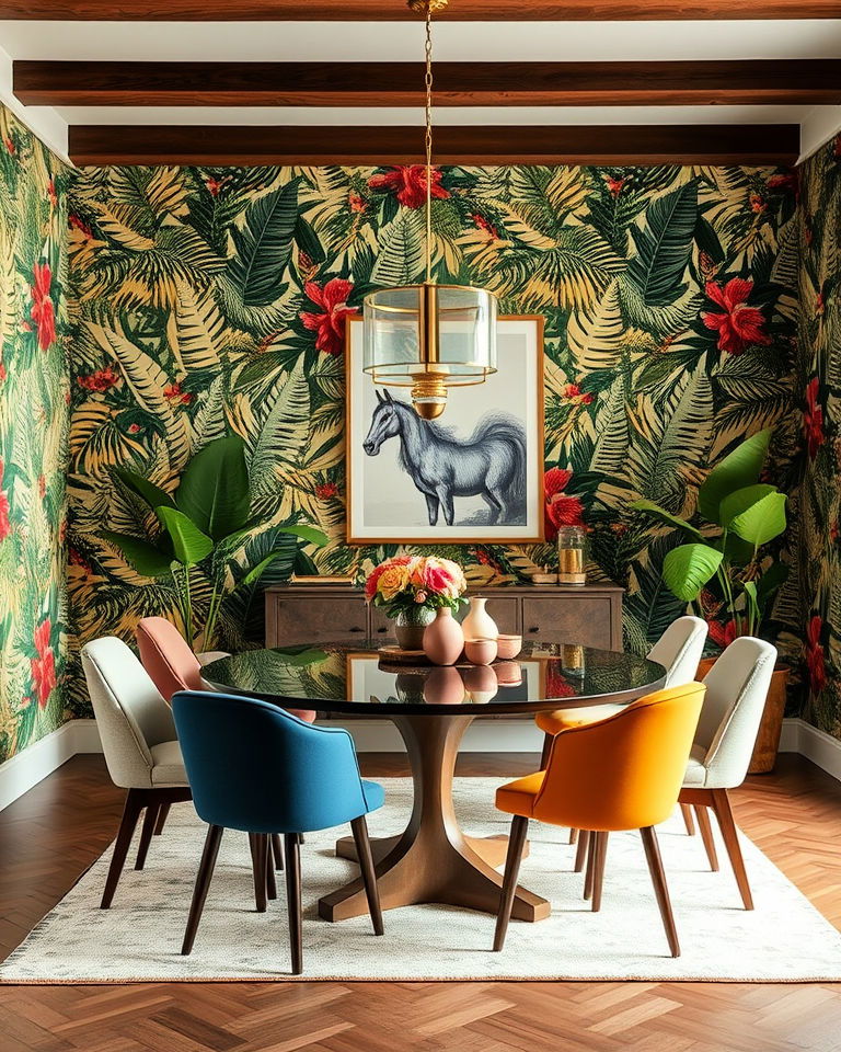 patterned wallpaper eclectic dining room