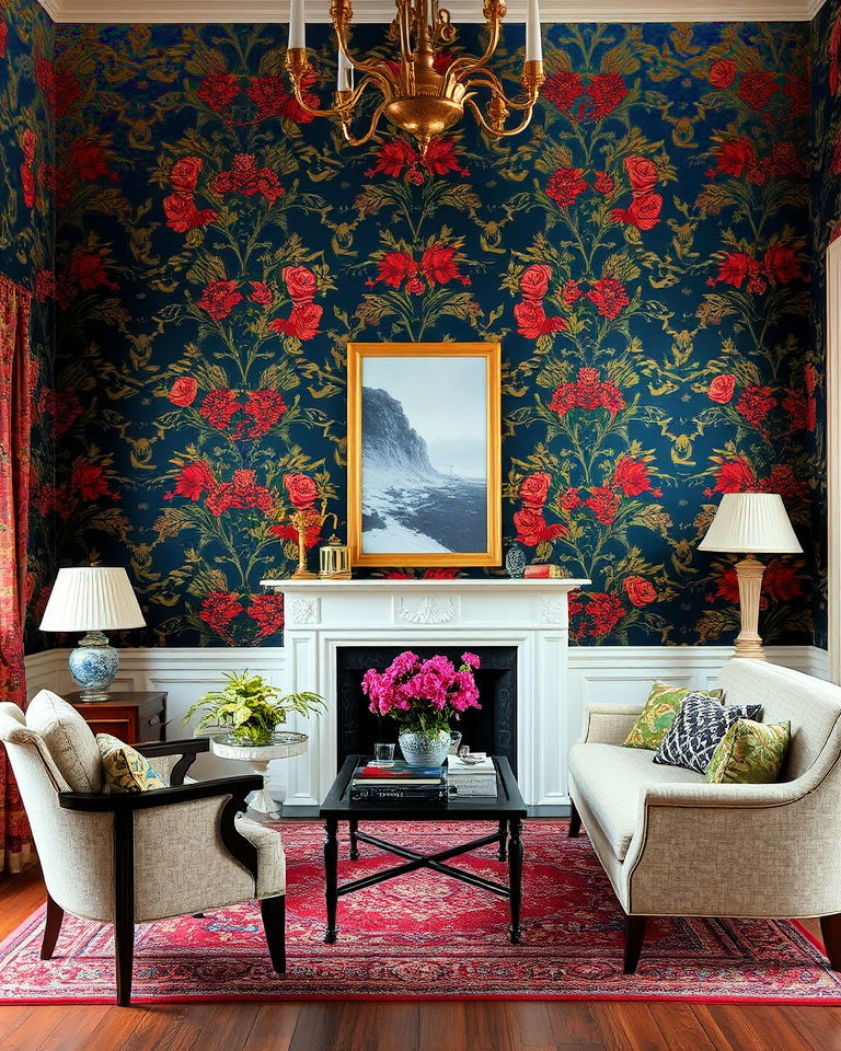 patterned wallpaper living room