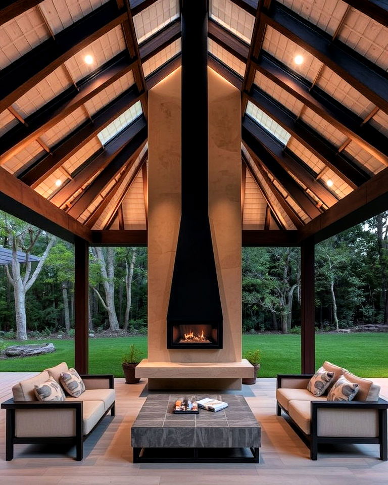 pavilion deck with ceiling mounted fireplace