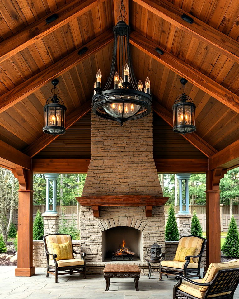 pavilion with fireplace and rustic chandelier