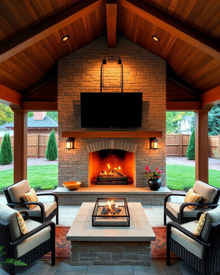 pavilion with fireplace and tv for backyard