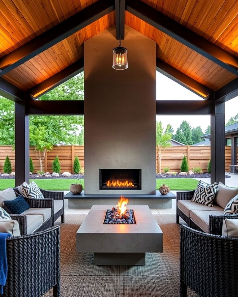 pavilion with sleek gas fireplace design