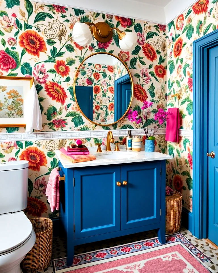 peacock blue vanity with bold patterns