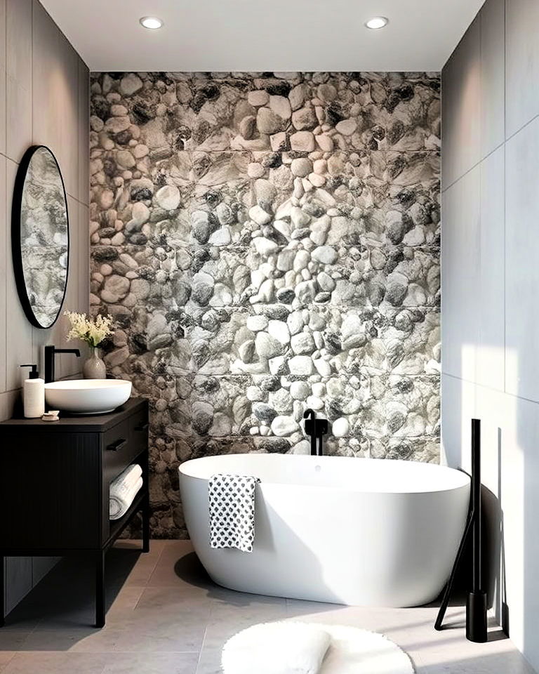 pebble tile accent wall bathroom