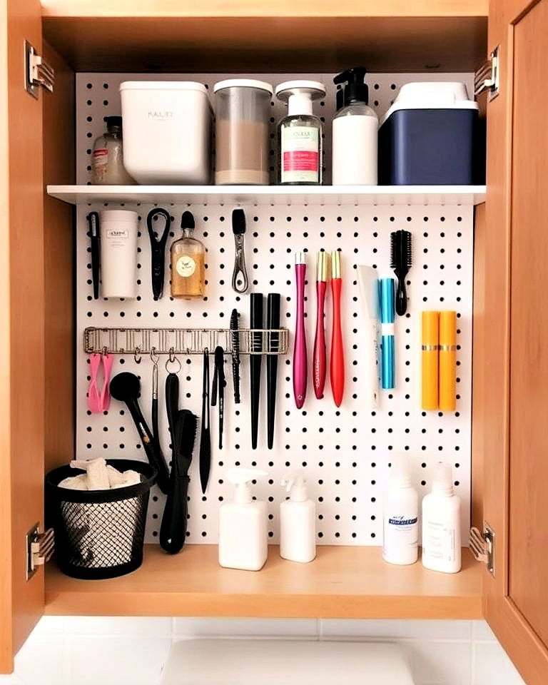 pegboard system inside bathroom cabinet