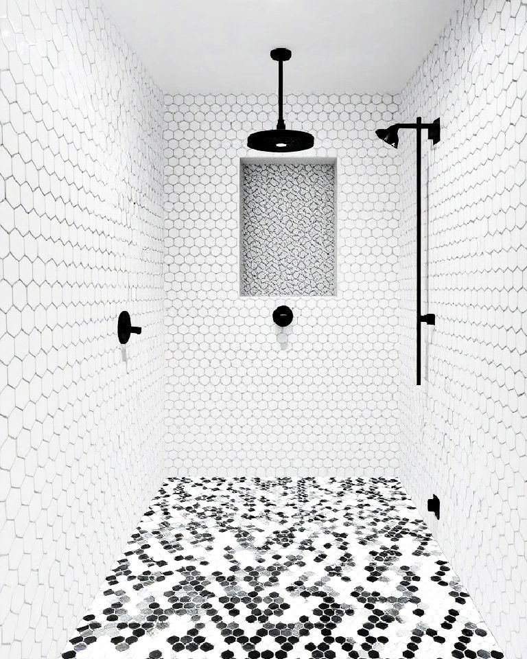 penny tiles in black and white shower floor