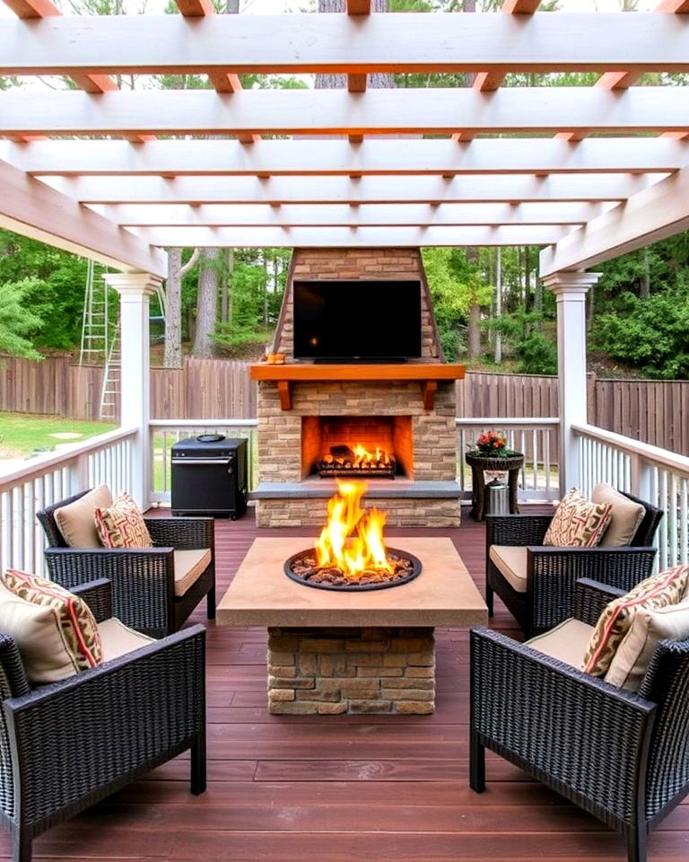 pergola covered deck with fire pit table