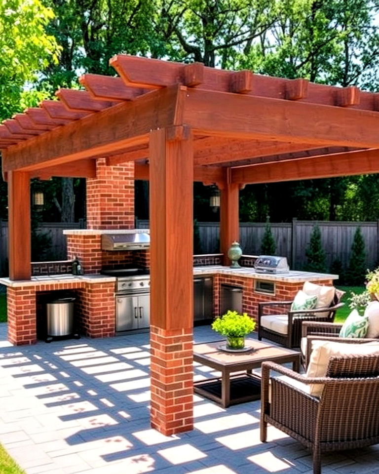 pergola gazebo with brick barbecue and lounge area