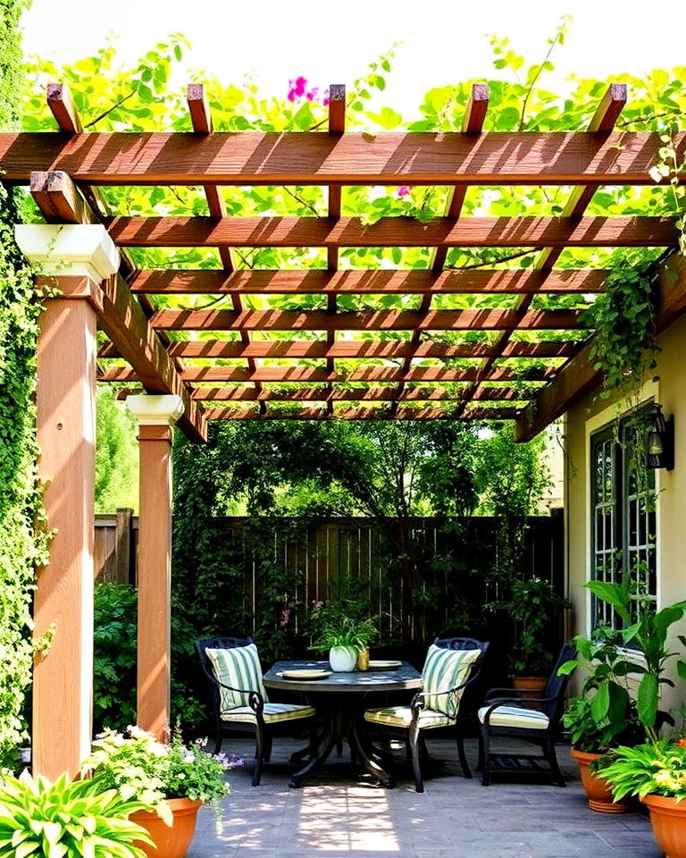 pergola with a trellis roof