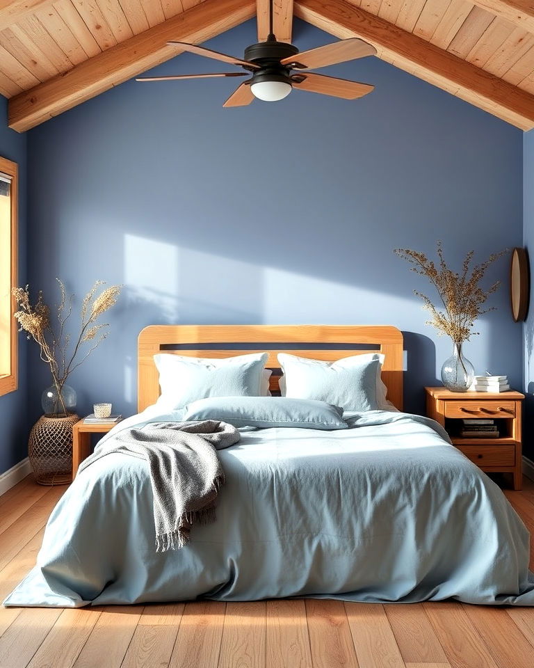 periwinkle and natural wood bedroom design