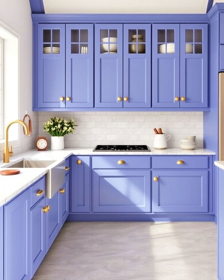 periwinkle blue cabinets with gold d shaped handles