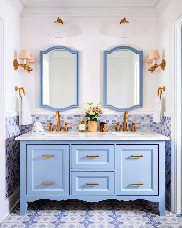 periwinkle vanity with mosaic tiles