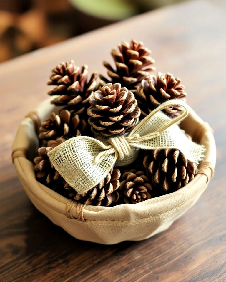 pinecones and burlap ribbon