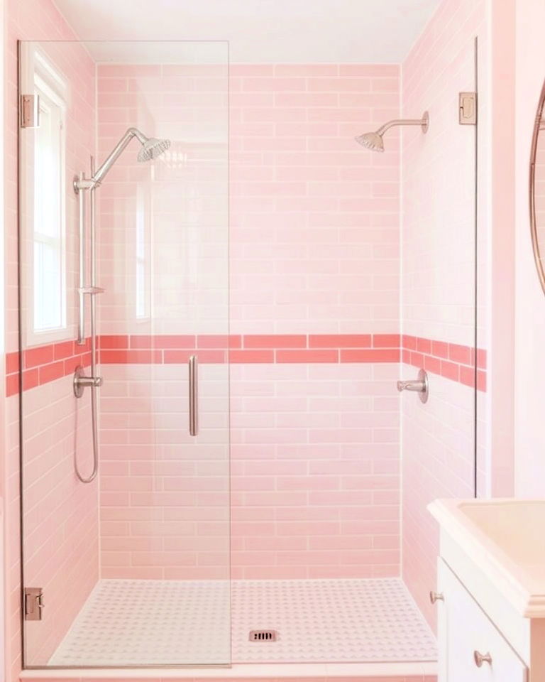 pink accent tiles in the shower for a subtle pop