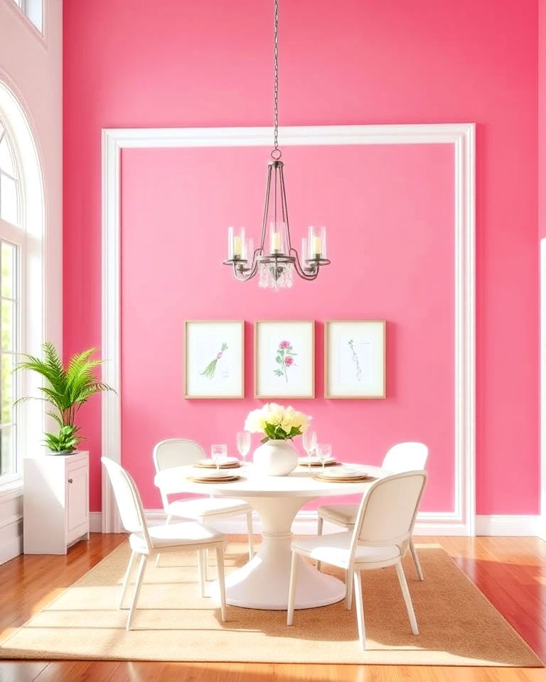pink accent wall with white trim