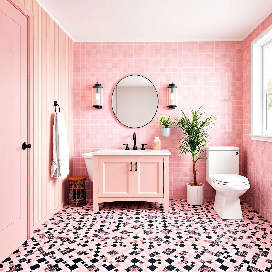 pink and black bathroom mosaic tile floor idea