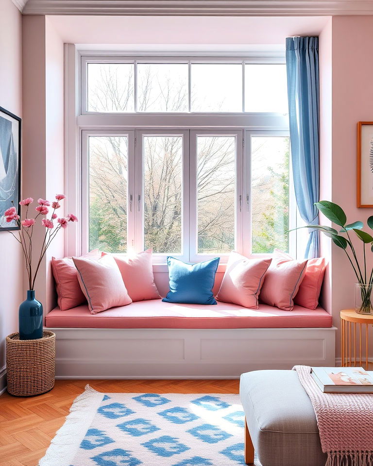 pink and blue cushioned window seat