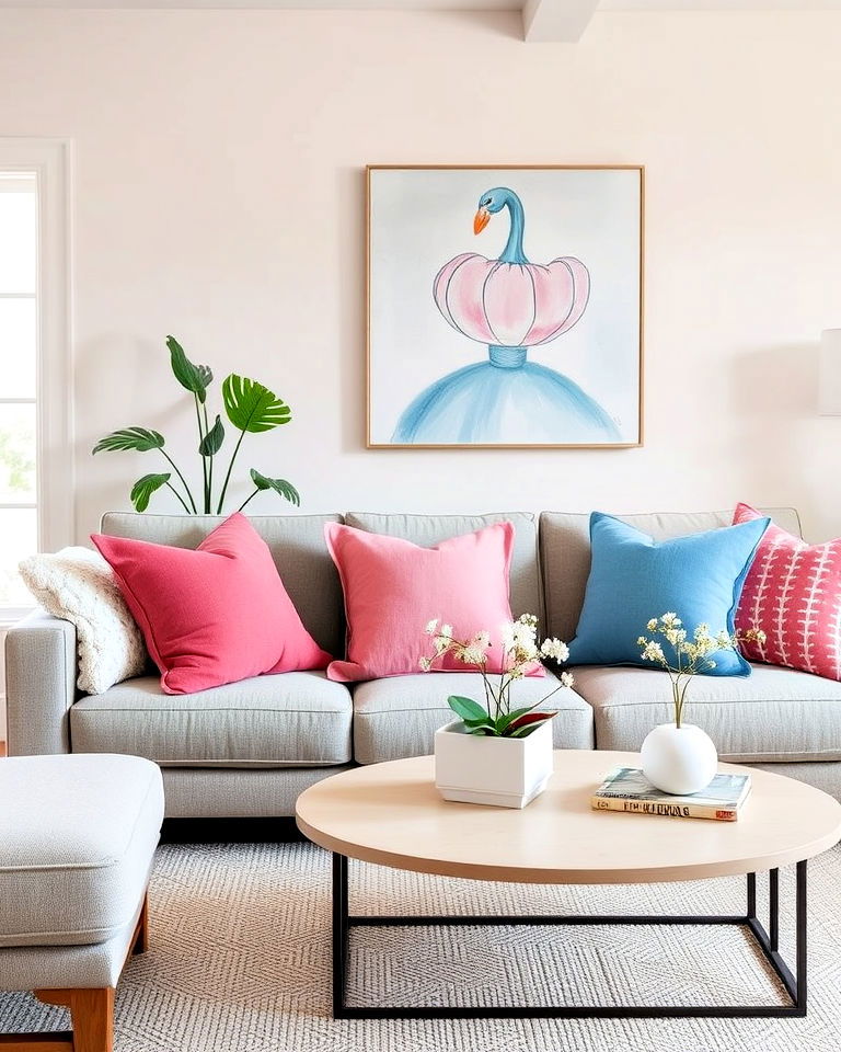 pink and blue cushions on neutral sofa