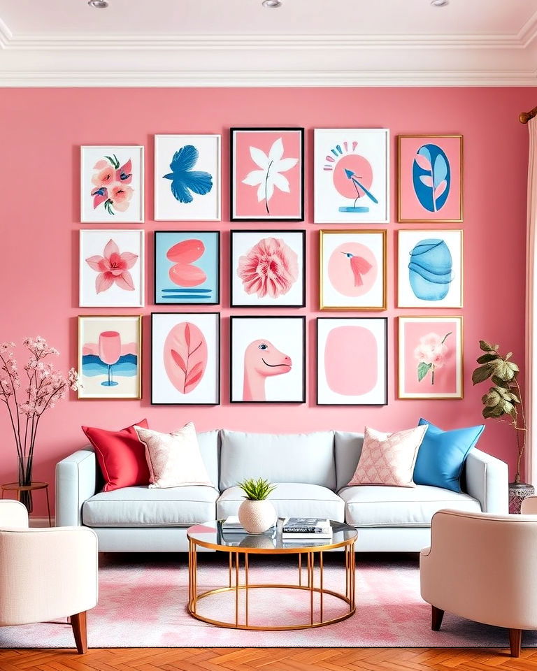 pink and blue gallery wall living room