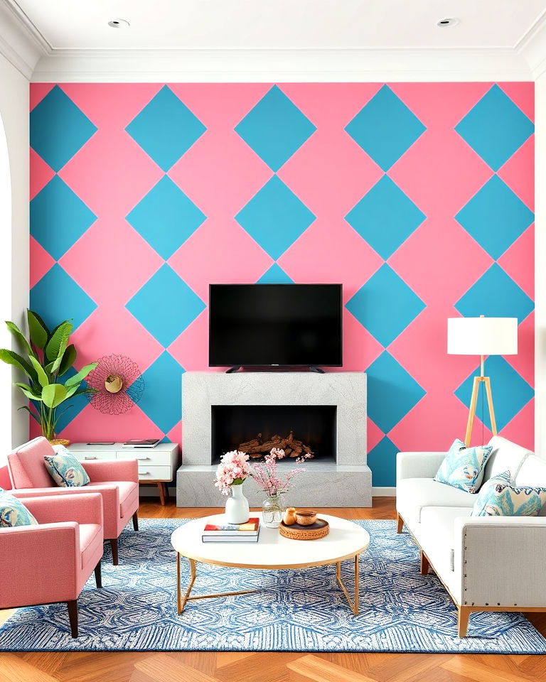 pink and blue living room geometric wallpaper