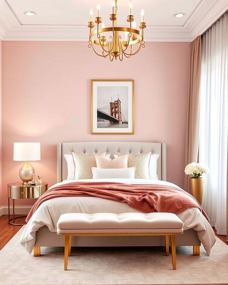 pink and gold accents for a glamorous bedroom