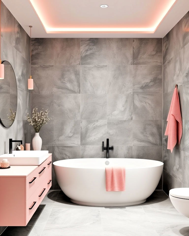 pink and grey color scheme bathroom