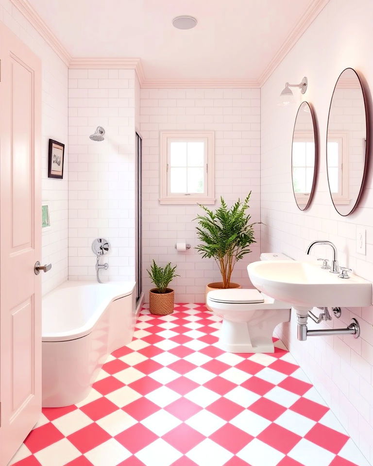 pink and white checkerboard flooring for retro flair