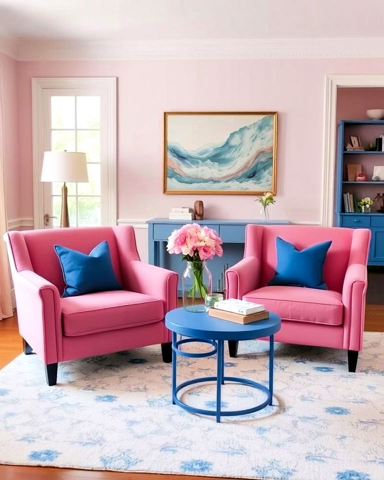 pink armchairs with blue side tables