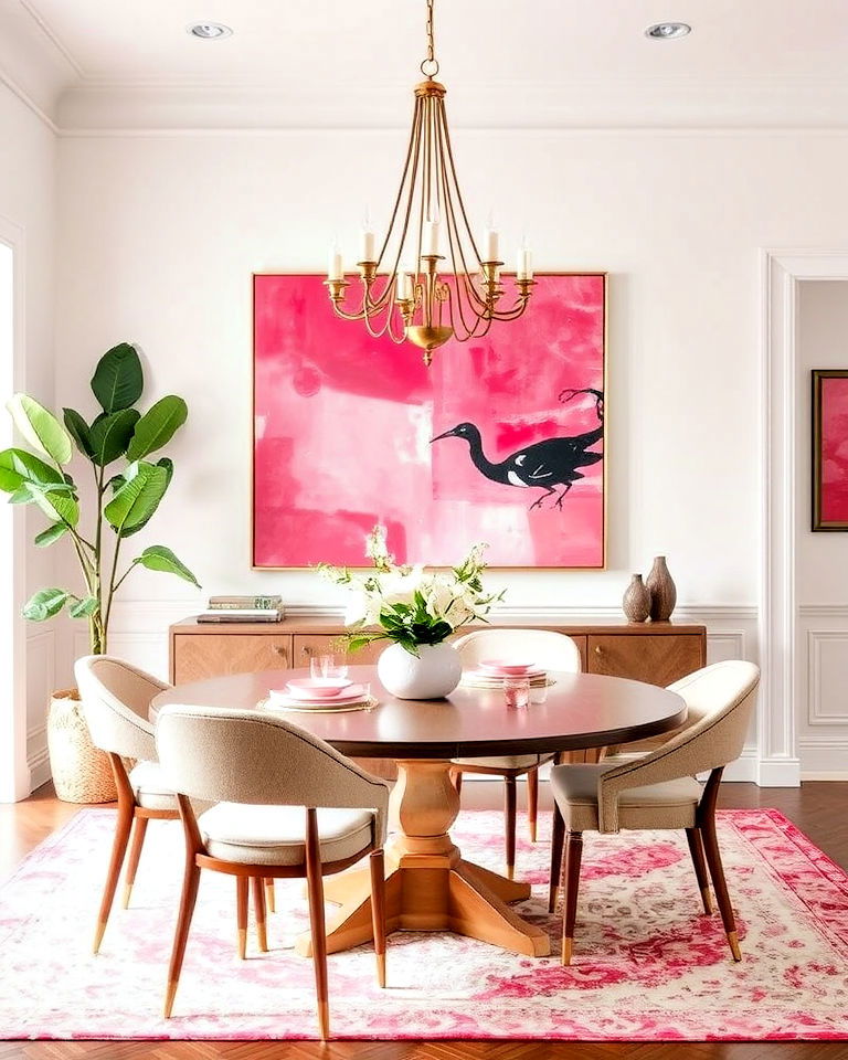 pink artwork on white walls