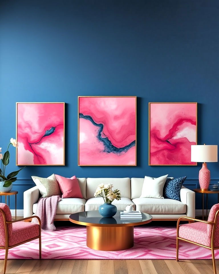 pink artwork with blue backgrounds