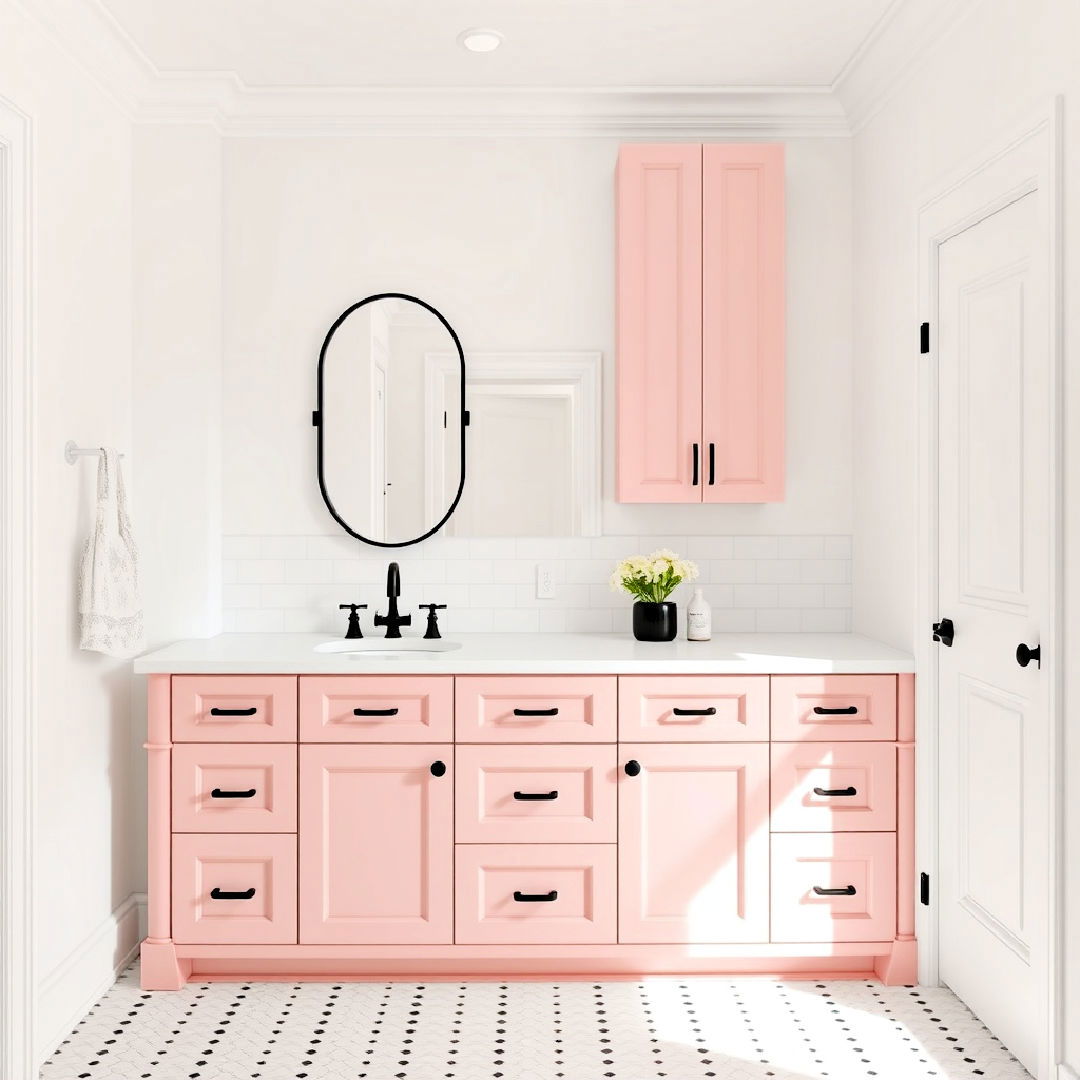 pink bathroom cabinets with black hardware idea